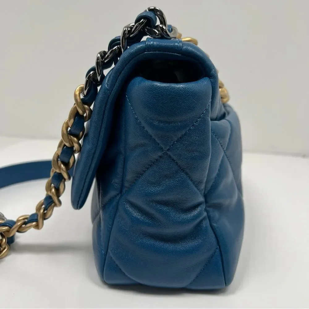 Chanel 19 Flap Bag Quilted Leather Medium Blue A+ Condition